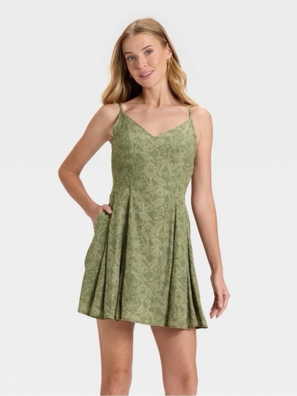 Women's Sleeveless Mini Slip Dress - Universal Thread Olive Green Floral -Medium